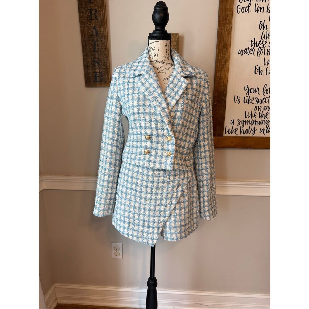 Jason Wu Women's Plaid Tweed Double Breasted Skort Set Blue White Size 4 NWOT